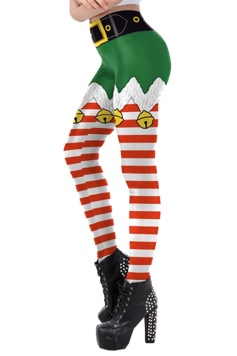 Pincuttee Christmas Leggings for Women Soft Green Stripe Stretchy Holiday Pants US S/M DK059 - Image 2